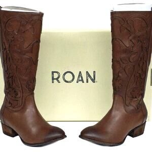 Roan Ellia Tan Brown Floral Top Stiched Tall Leather Western Cowboy Boots 7.5